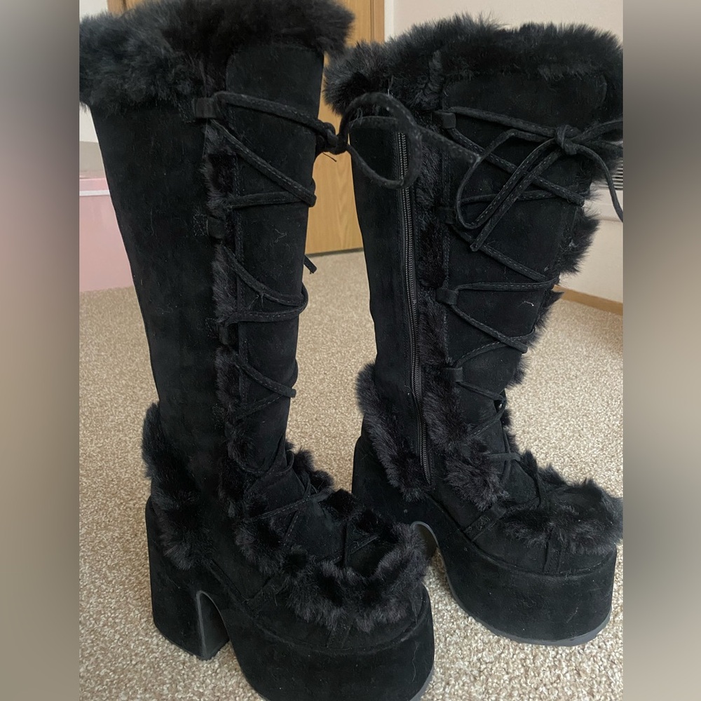 Demonia Camel-311 platform fur boots